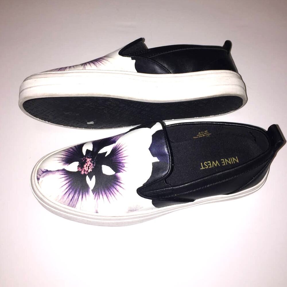 Nine West WOLSEN Black White Floral Bold Pansy Slip On Platform Sneakers 5.5M - Picture 6 of 9
